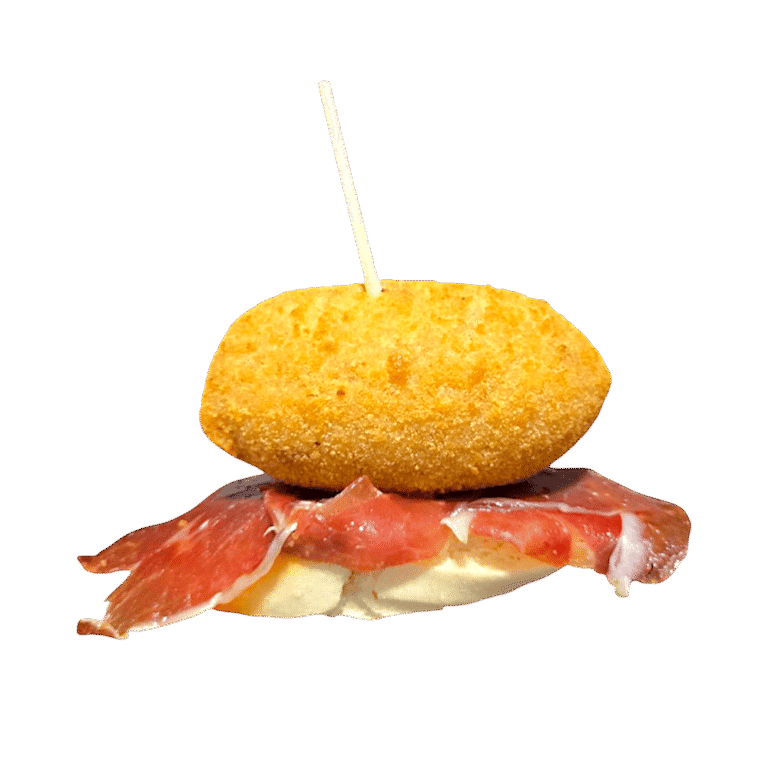 Croqueta casera de jamón ibérica reposada en una loncha de jamón ibérico