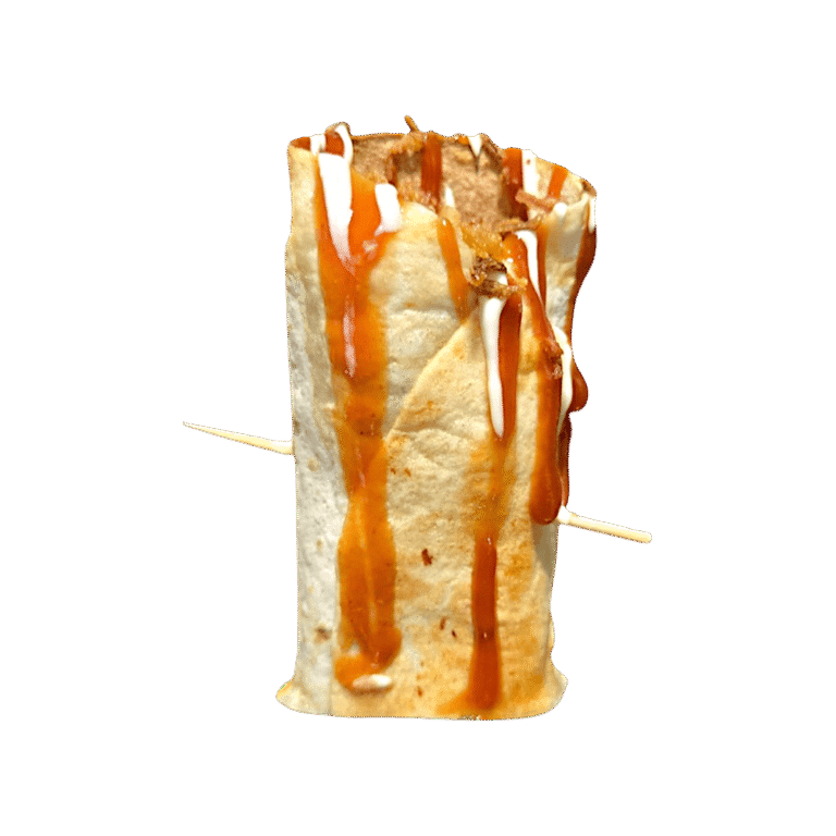 Fajita crujiente de kebab de pollo, tomate , queso, lechuga y cebolla frita