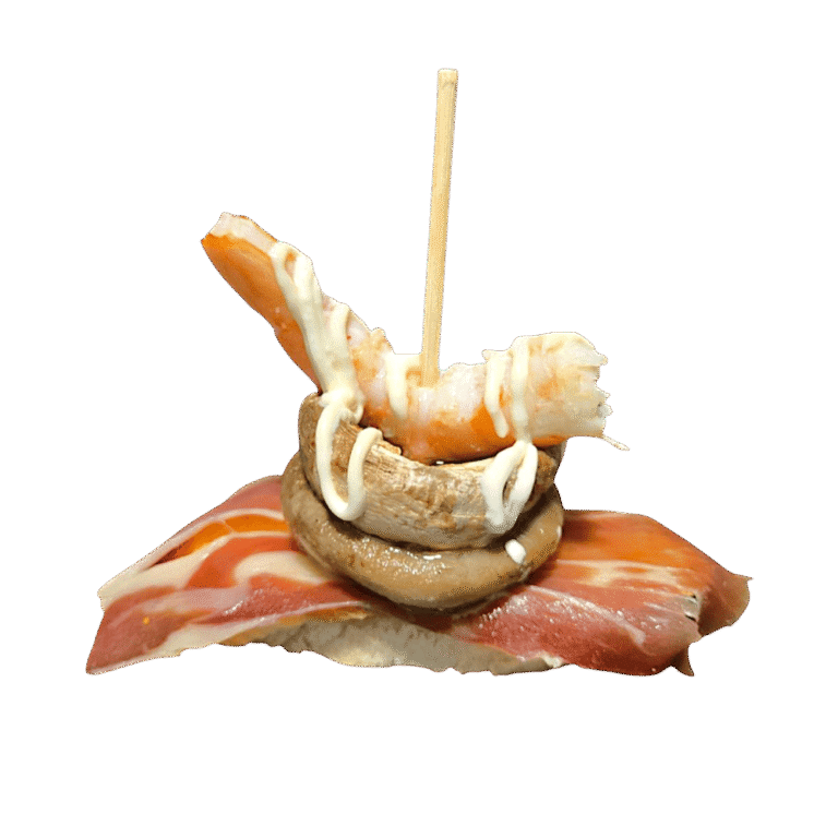 Pincho de champiñones y langostinos, reposado en una loncha de jamón ibérico