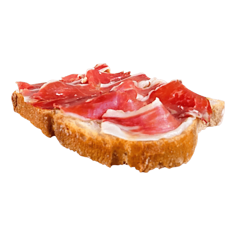 Tostada crujiente con aceite de oliva virgen extra, tomate rallado y varias lonchas de jamón ibérico